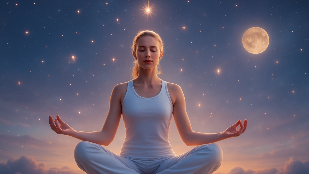 woman meditating on full moon under the stars